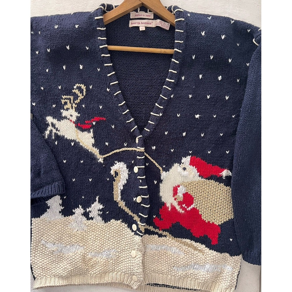 Vintage Lauren Hansen Santa Sleigh Cardigan Sweater Knit Hand‎ Made Christmas L
